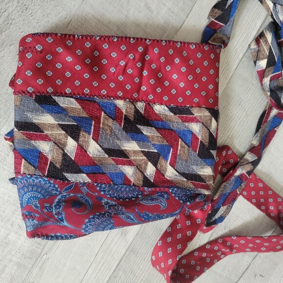Upcycled Handmade Tie Crossbody Bag With Geometric Patterns & Floral Accent - Picture 7 of 11